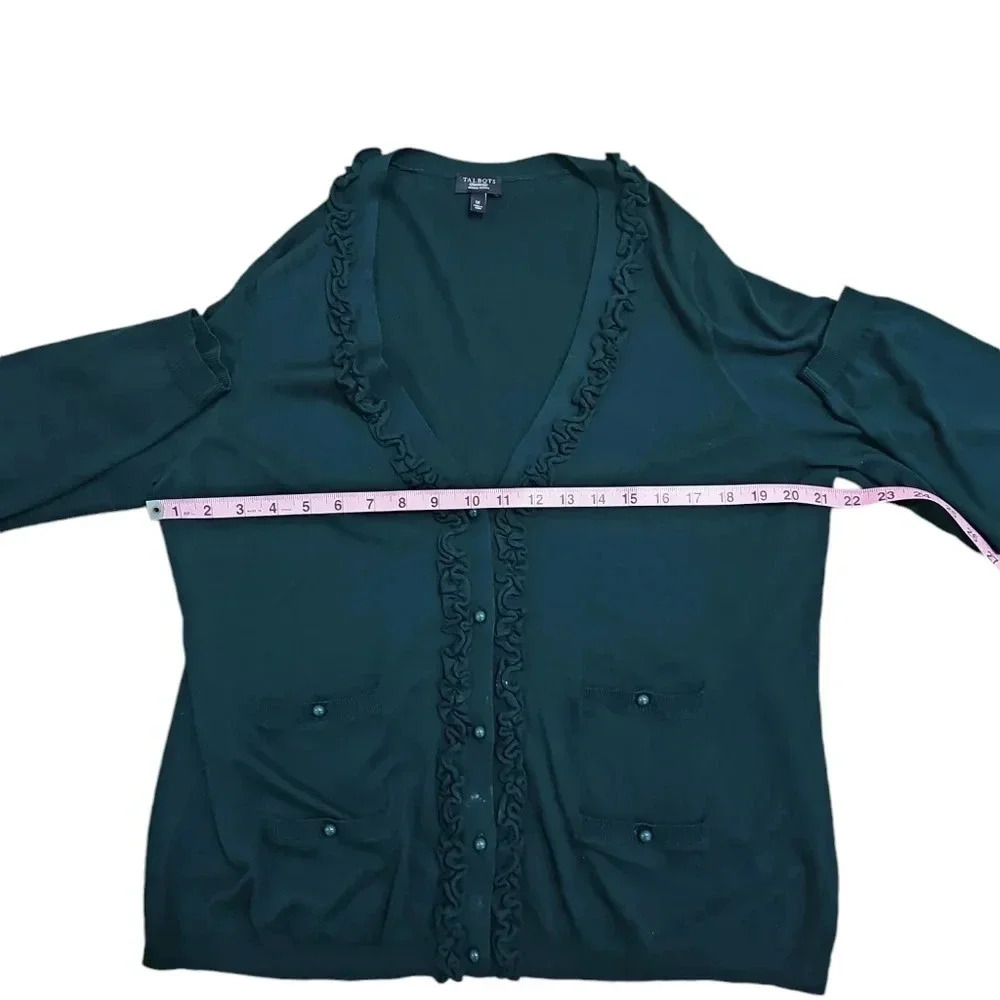TALBOTS Forest Green Ruffle Trim Button Cardigan Petite 1X Classic Layering VTG - Picture 6 of 7